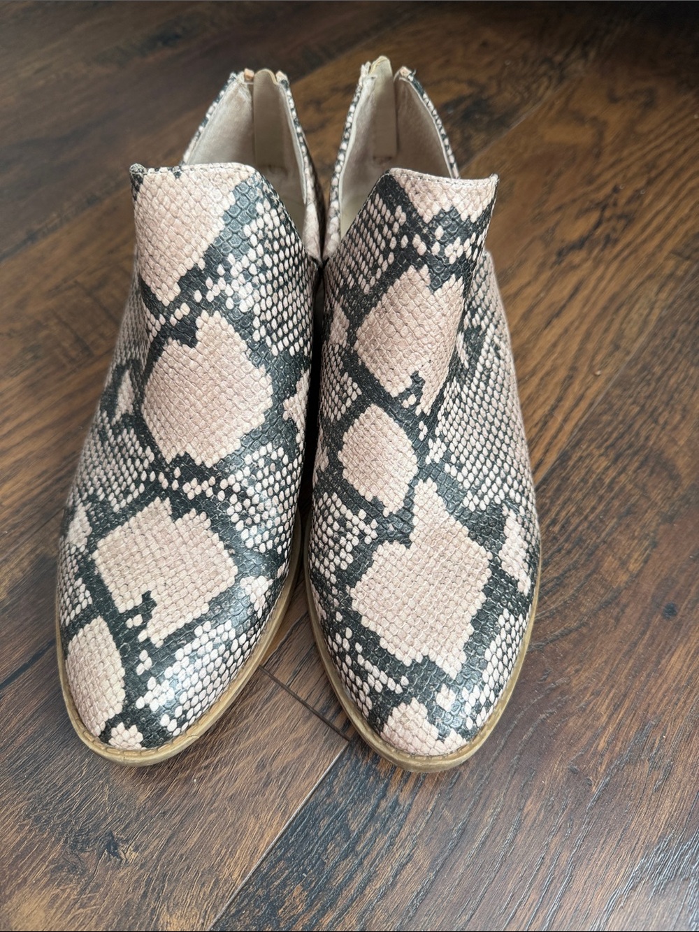 Kaari Blue Snake-Print Ankle Booties in Taupe and Black
